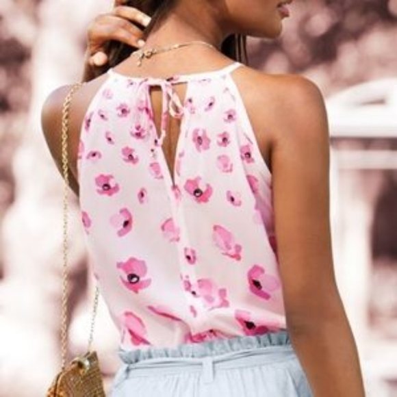 CABI Floating Poppies Tie Back Pink Halter Top M - Picture 1 of 10